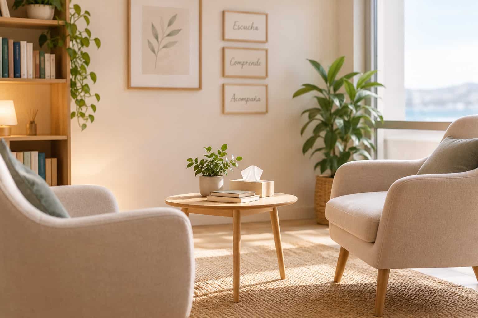 Sala de consulta luminosa con dos sillones, una mesa baja con una planta y cuadros en la pared